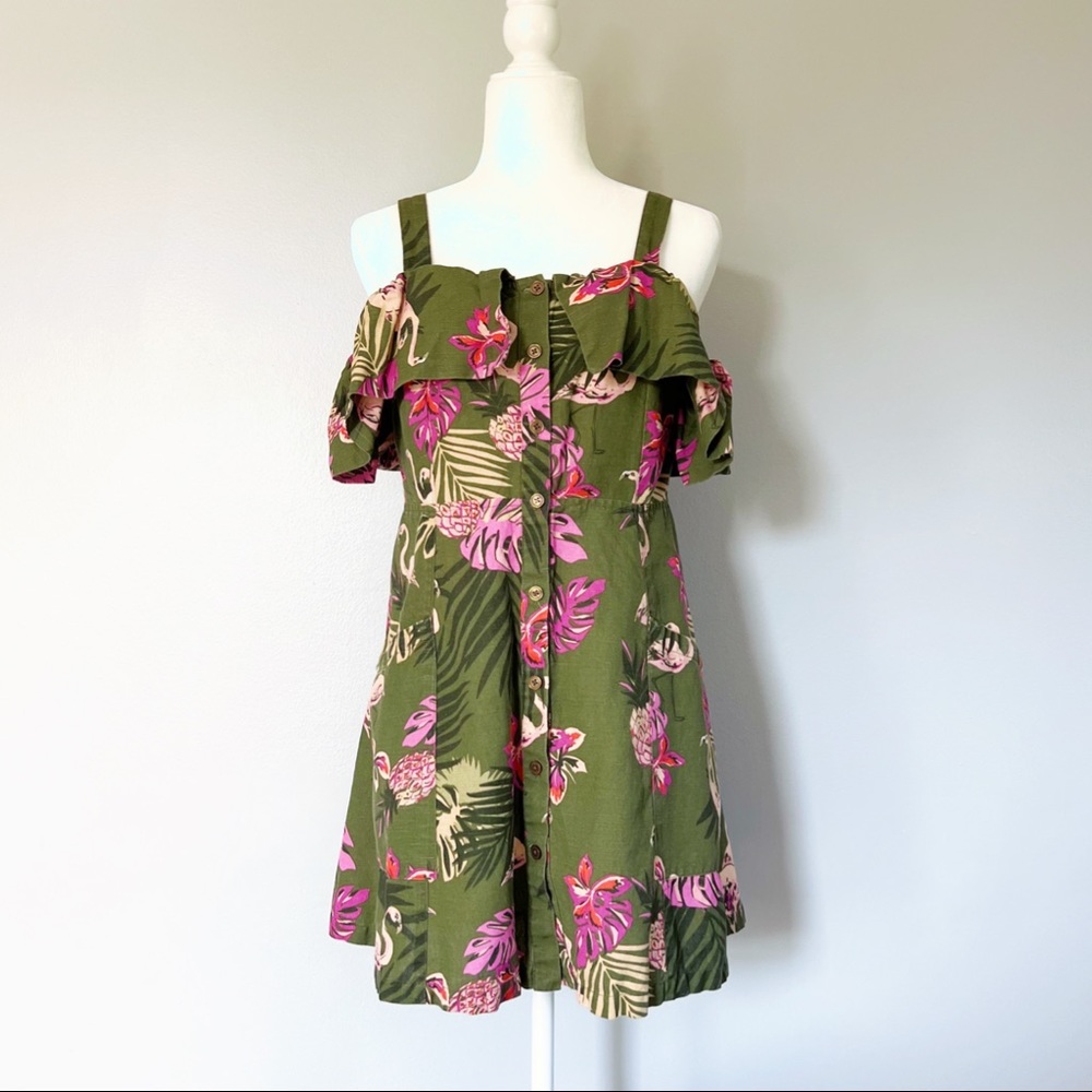 Mango Green Flamingo Print Cold Shoulder Dress